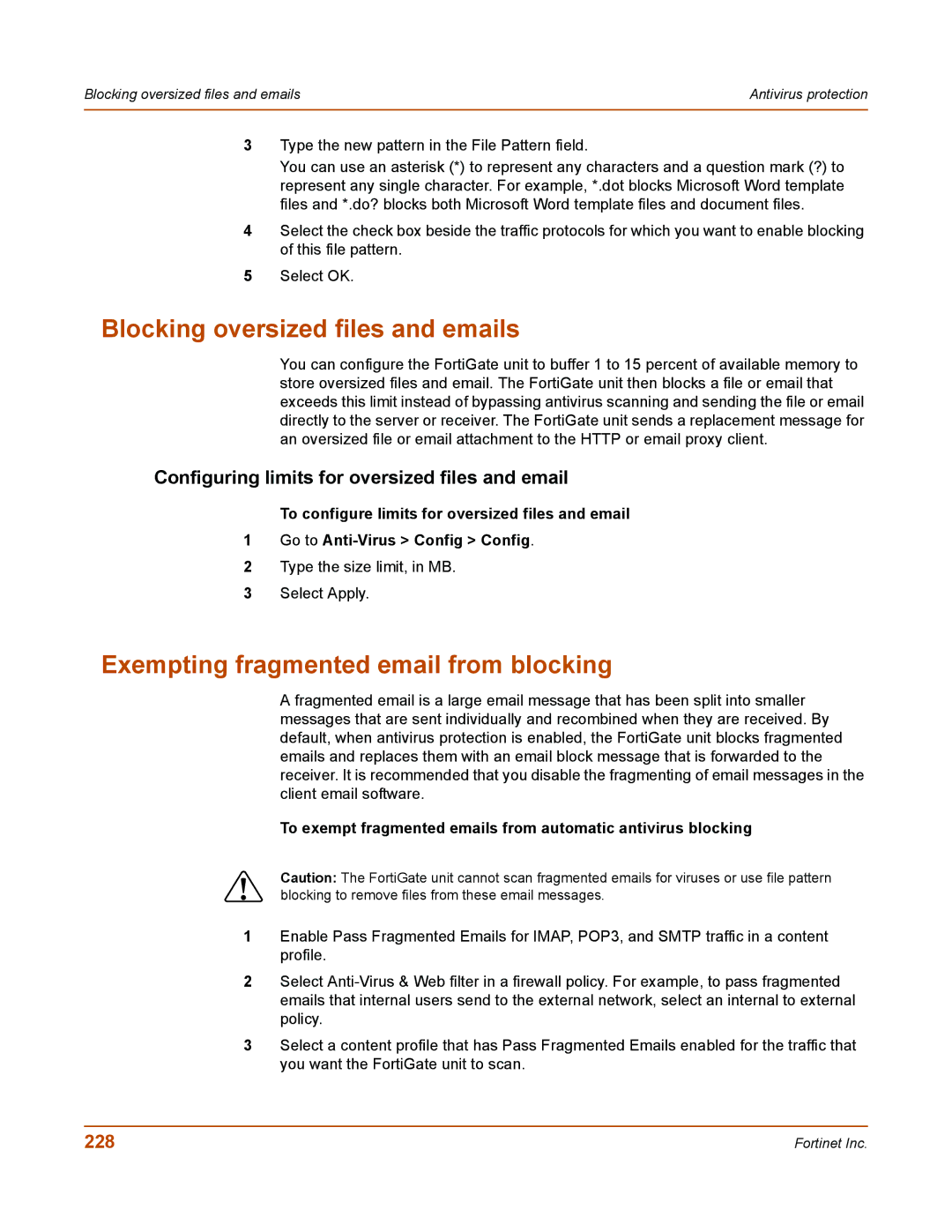 Fortinet 50A user manual Blocking oversized files and emails, Exempting fragmented email from blocking, 228 