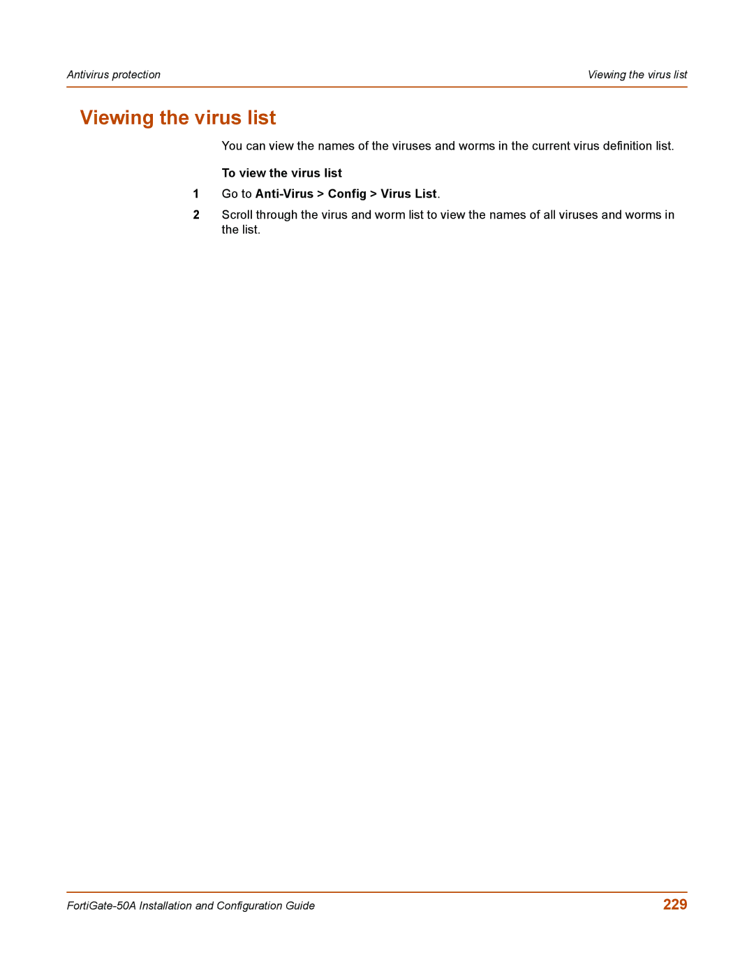 Fortinet 50A user manual Viewing the virus list, 229, To view the virus list Go to Anti-Virus Config Virus List 