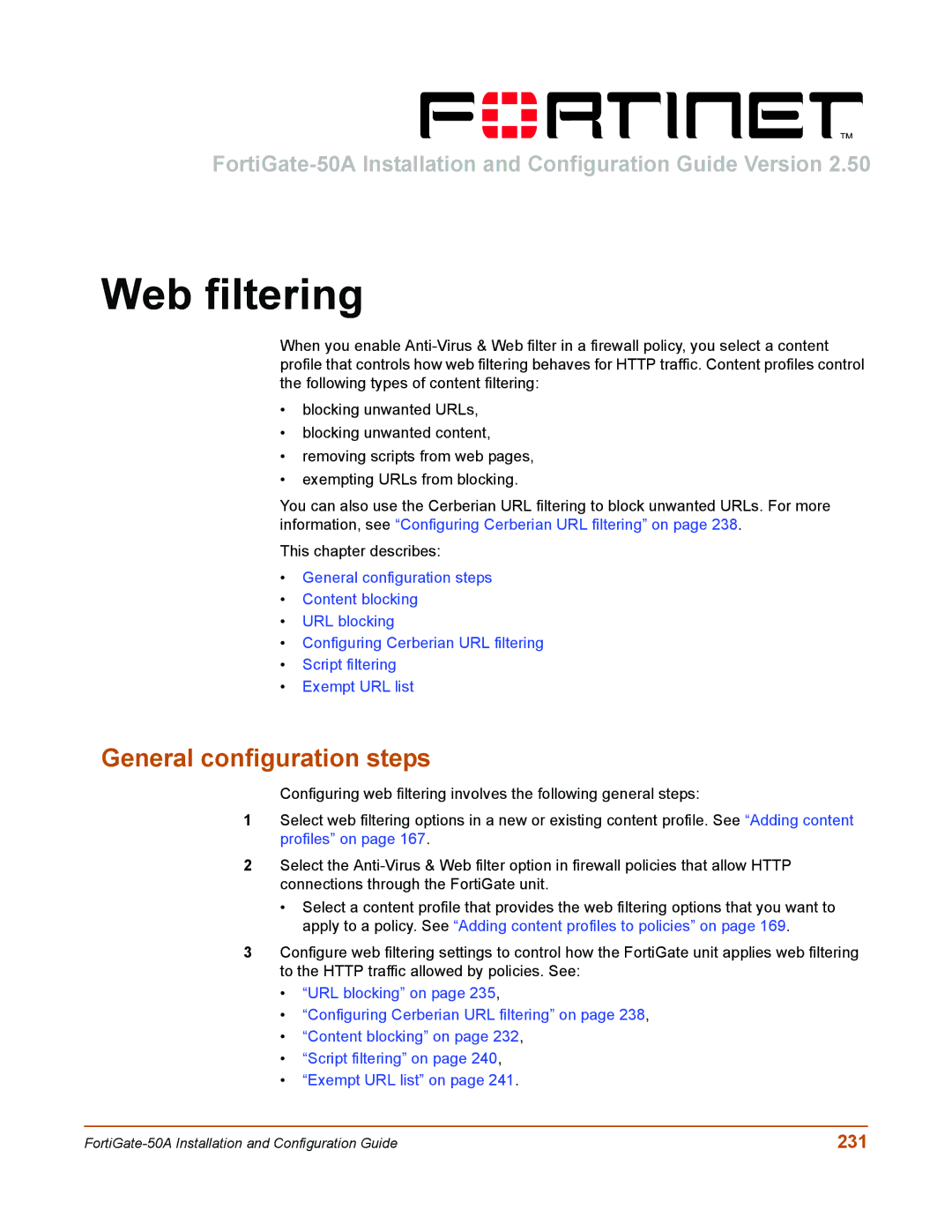 Fortinet 50A user manual Web filtering, 231 