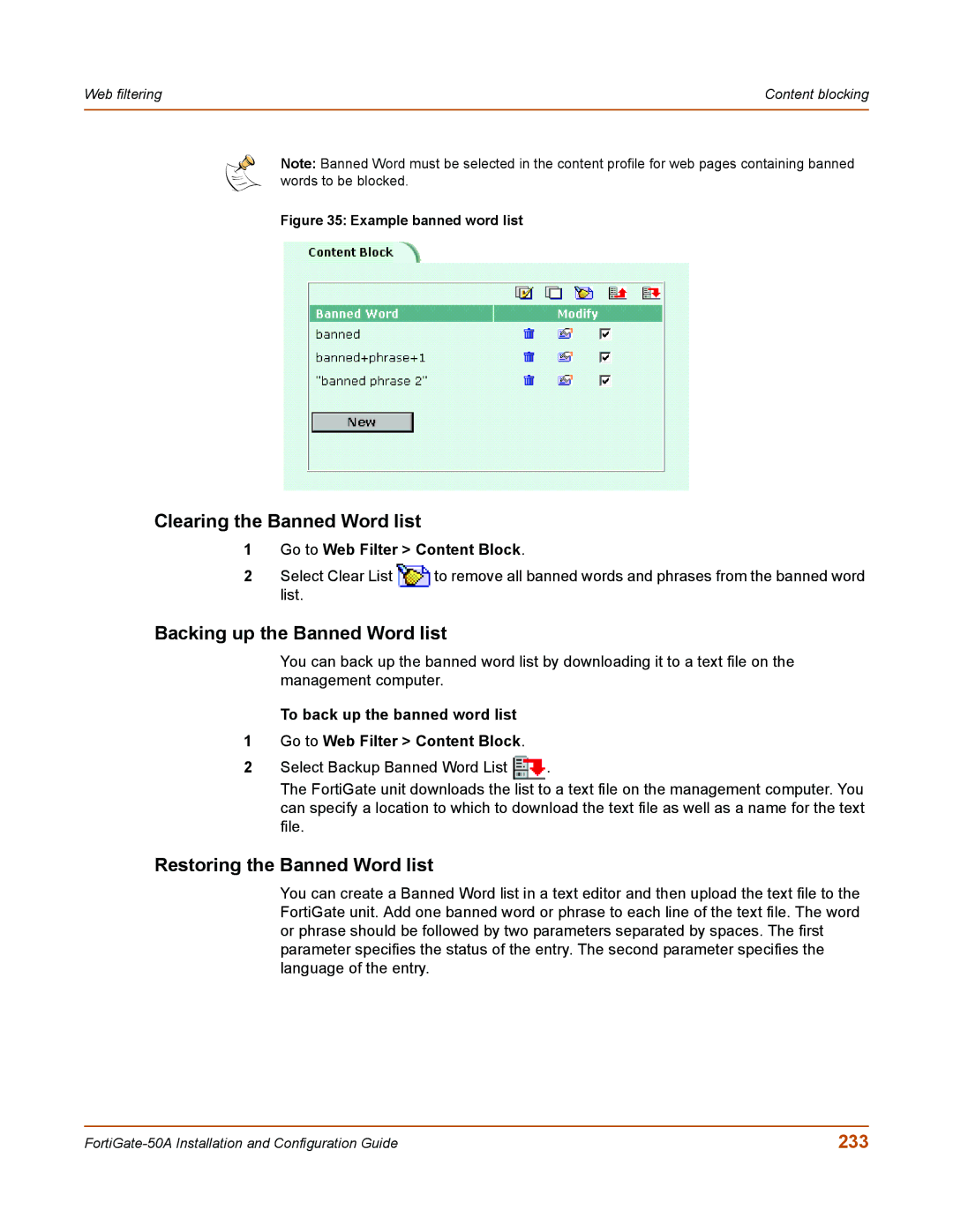 Fortinet 50A Clearing the Banned Word list, Backing up the Banned Word list, Restoring the Banned Word list, 233 