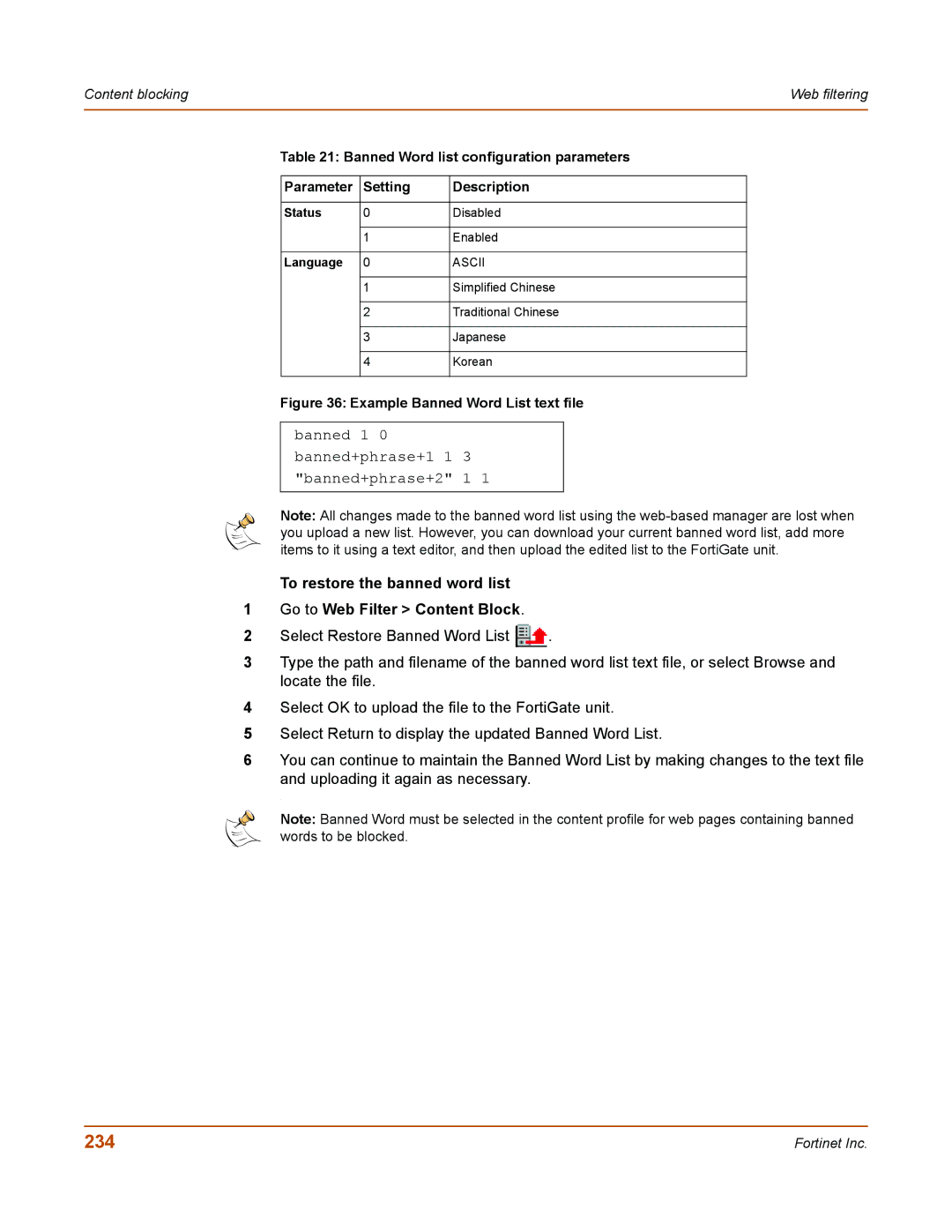 Fortinet 50A user manual 234, Example Banned Word List text file 