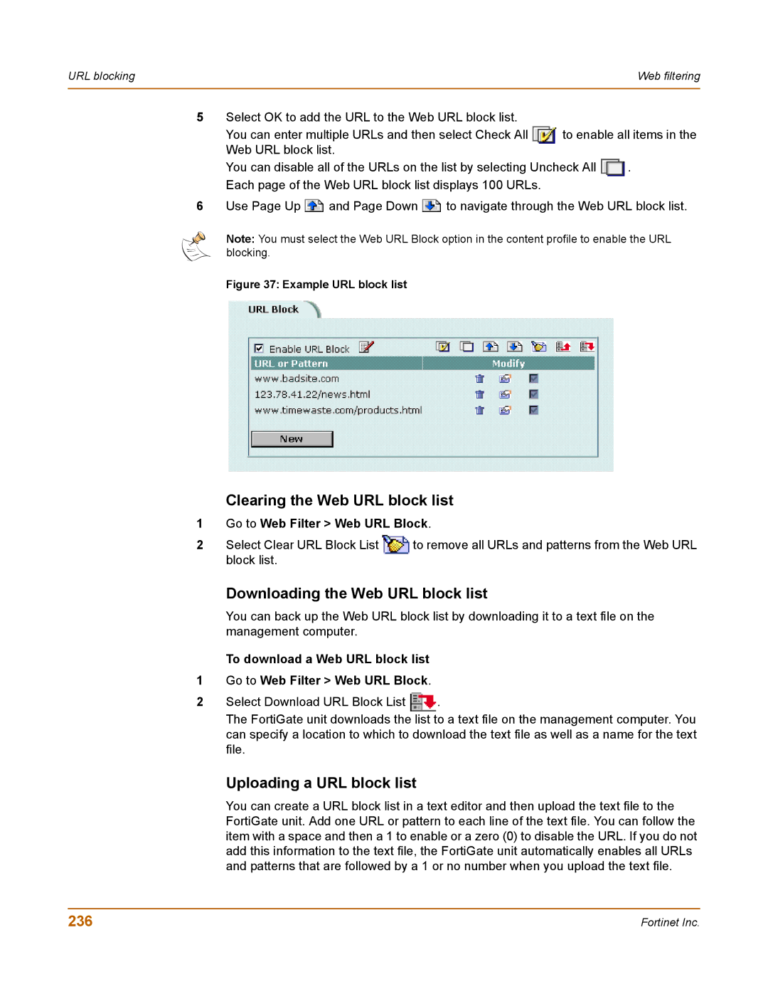 Fortinet 50A Clearing the Web URL block list, Downloading the Web URL block list, Uploading a URL block list, 236 