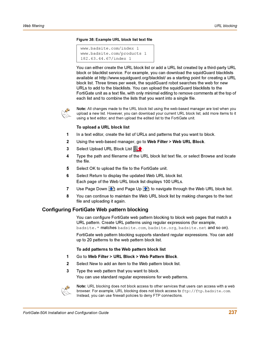 Fortinet 50A user manual Configuring FortiGate Web pattern blocking, 237, To upload a URL block list 