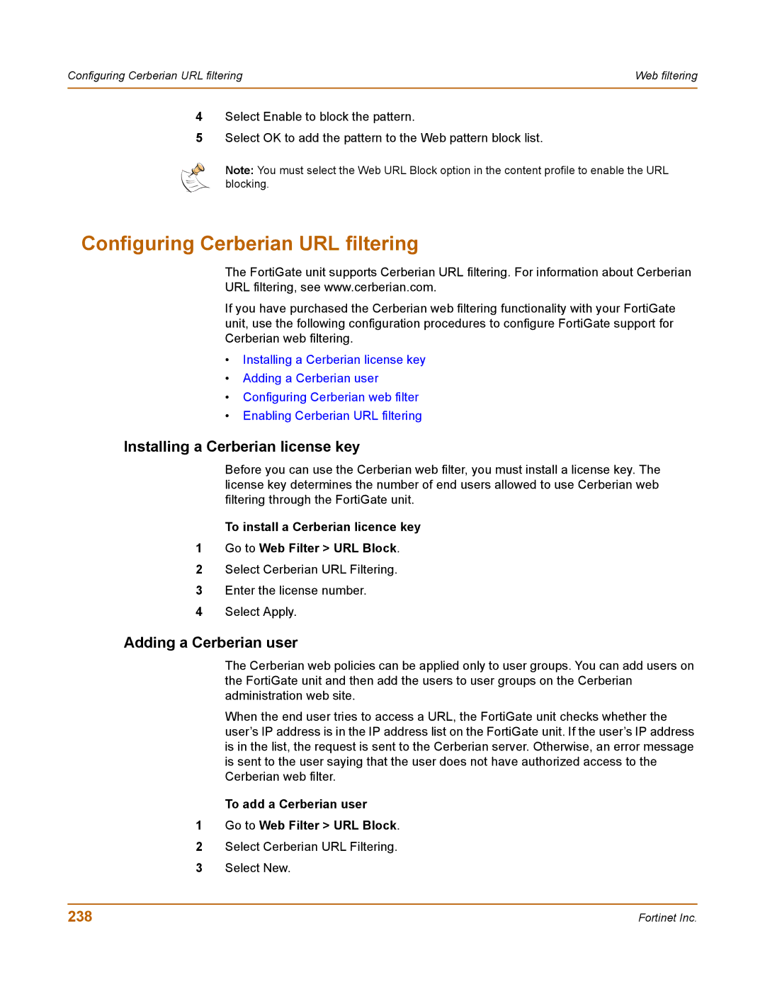 Fortinet 50A Configuring Cerberian URL filtering, Installing a Cerberian license key, Adding a Cerberian user, 238 