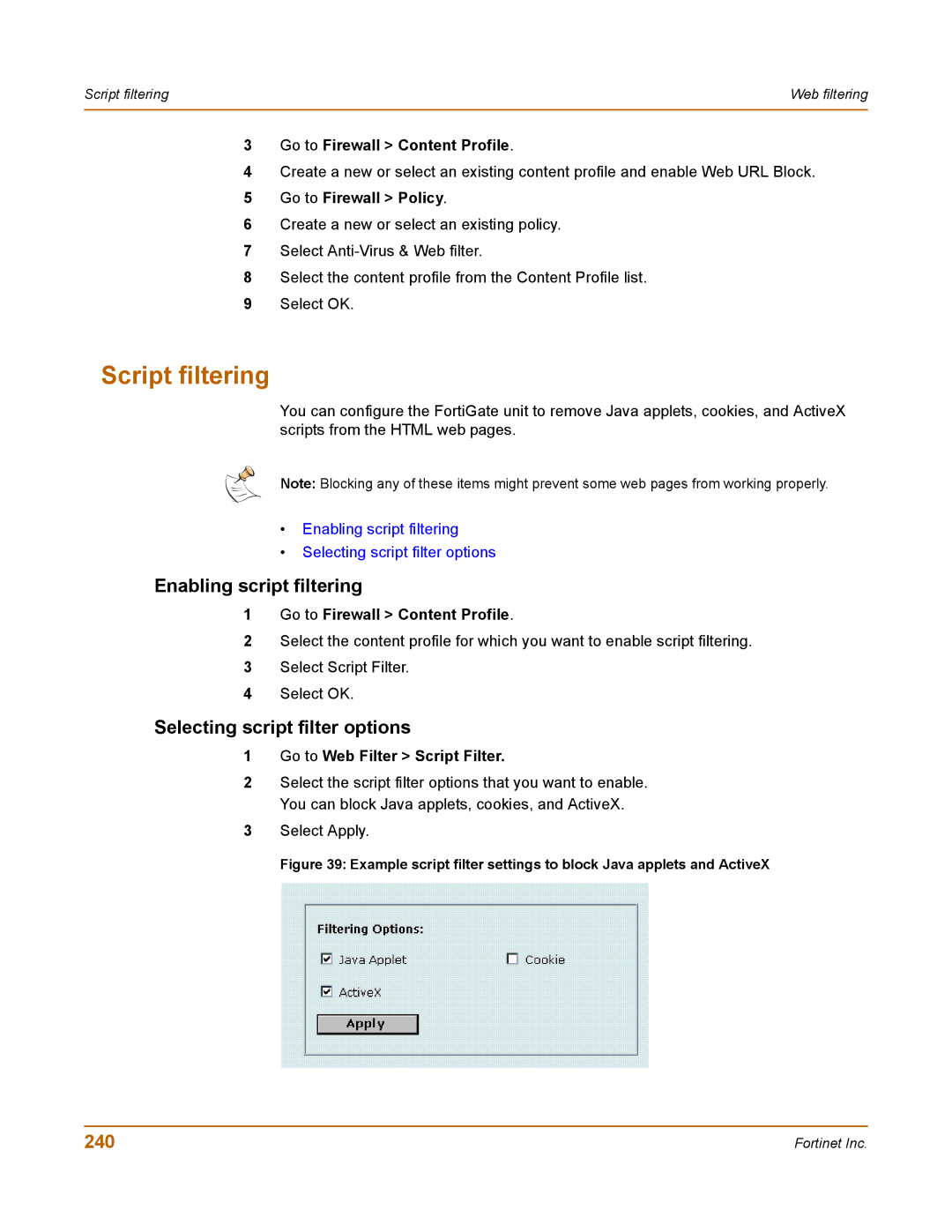 Fortinet 50A user manual Script filtering, Enabling script filtering, Selecting script filter options, 240 