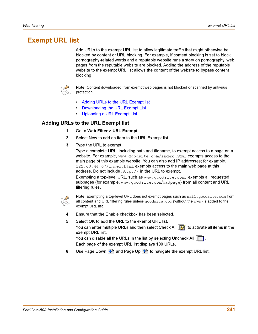 Fortinet 50A user manual Exempt URL list, Adding URLs to the URL Exempt list, 241, Go to Web Filter URL Exempt 