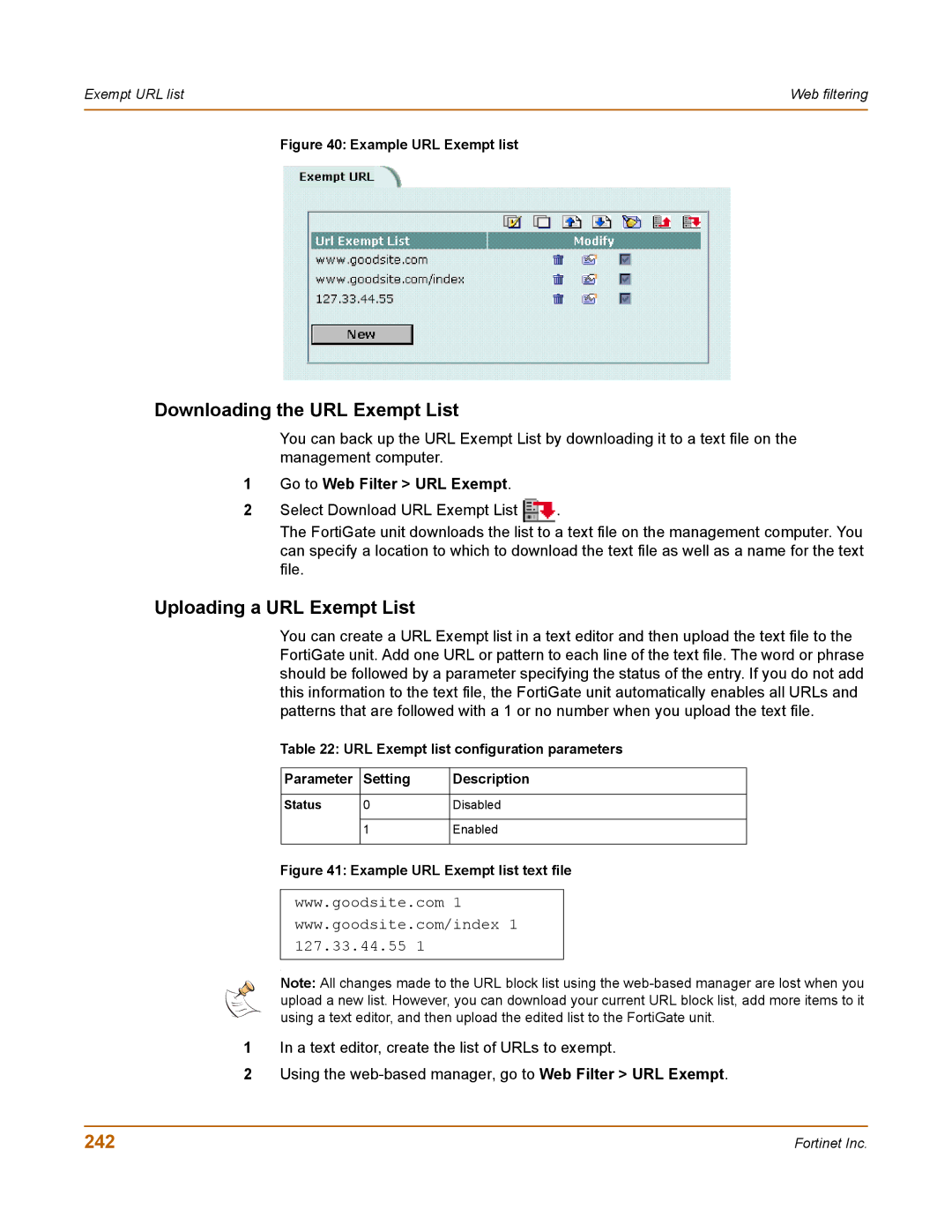 Fortinet 50A user manual Downloading the URL Exempt List, Uploading a URL Exempt List, 242 