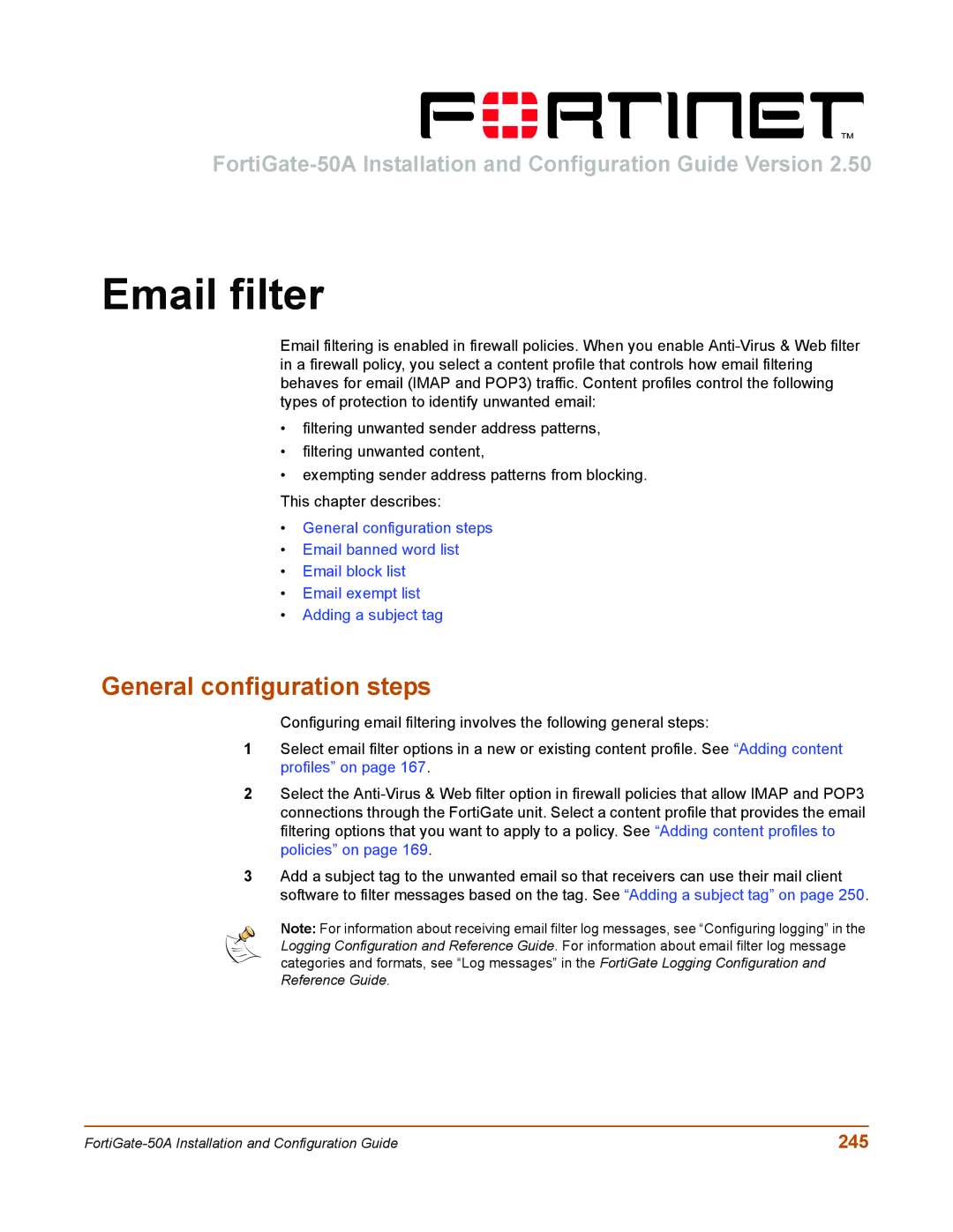 Fortinet 50A user manual Email filter, 245 