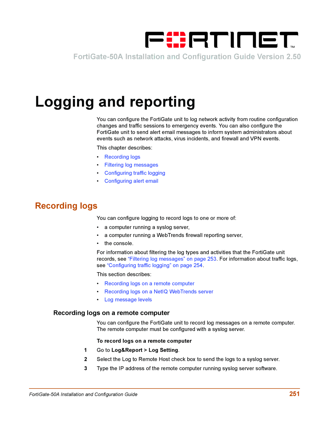 Fortinet 50A user manual Logging and reporting, Recording logs on a remote computer, 251 