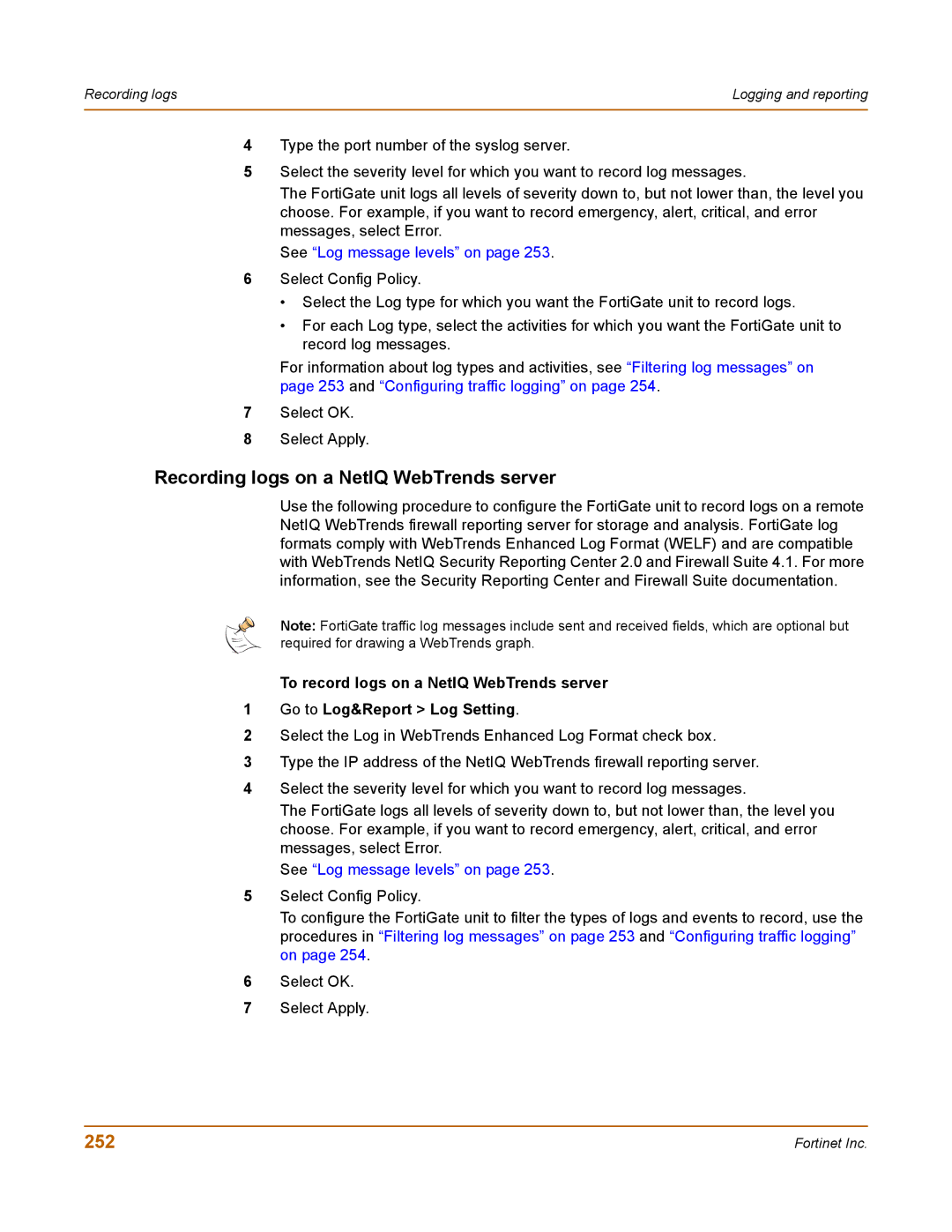 Fortinet 50A user manual Recording logs on a NetIQ WebTrends server, 252 