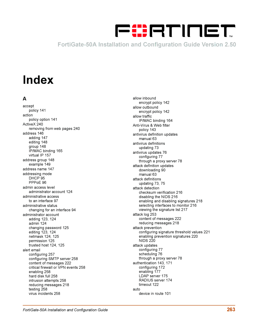 Fortinet 50A user manual Index, 263 