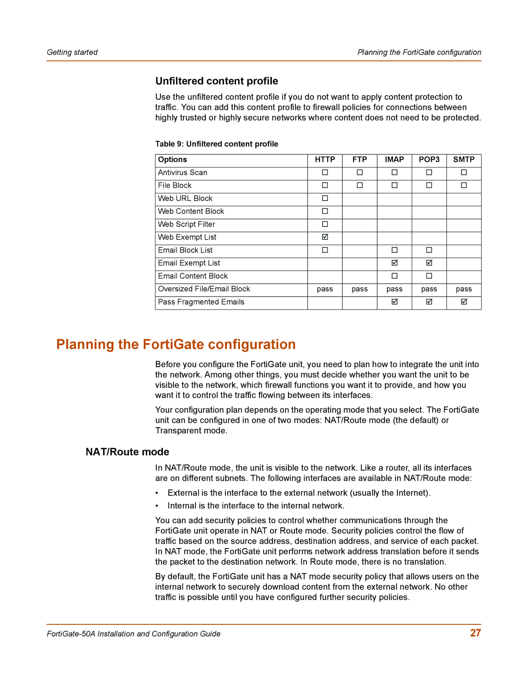 Fortinet 50A user manual Planning the FortiGate configuration, Unfiltered content profile Options 