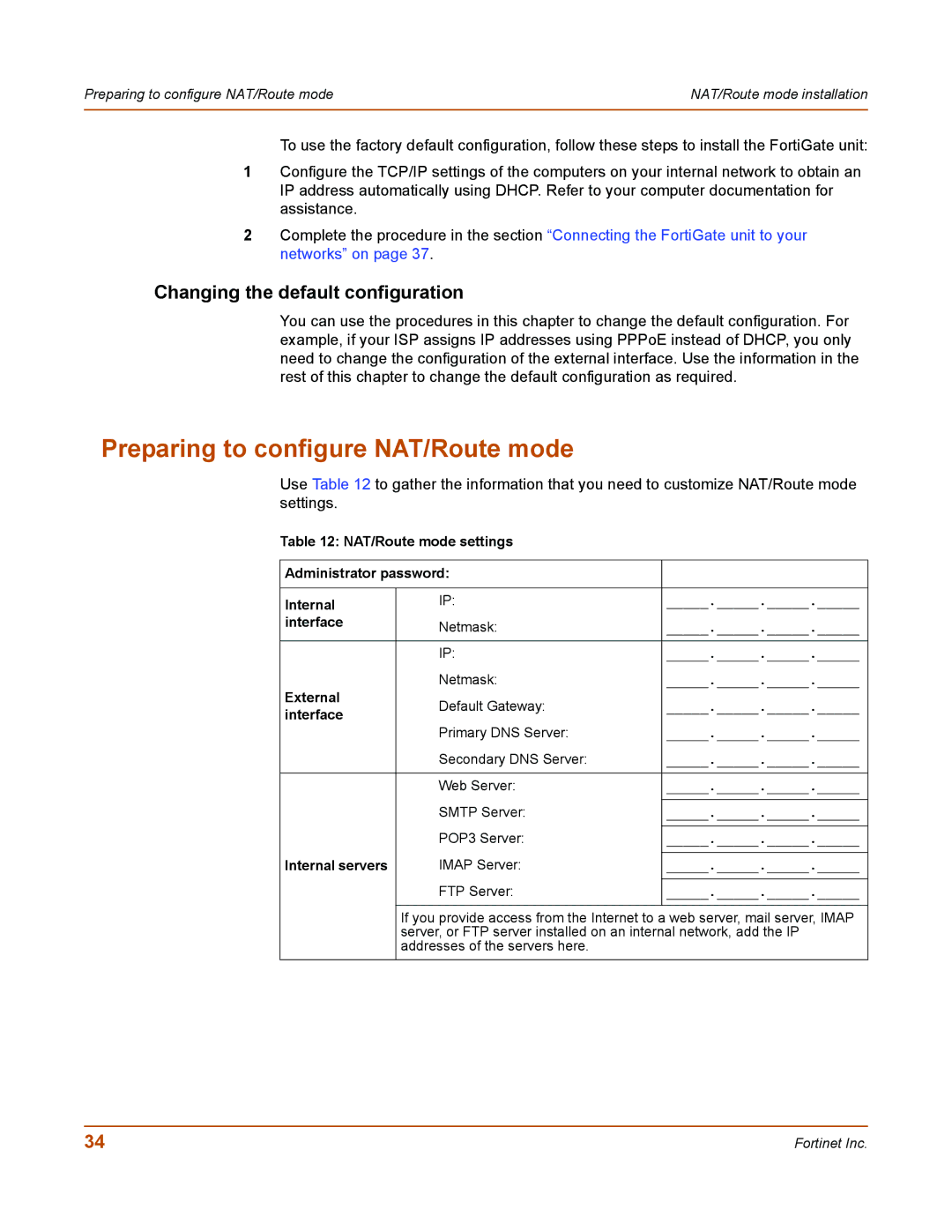 Fortinet 50A user manual Preparing to configure NAT/Route mode, Changing the default configuration, Internal servers 