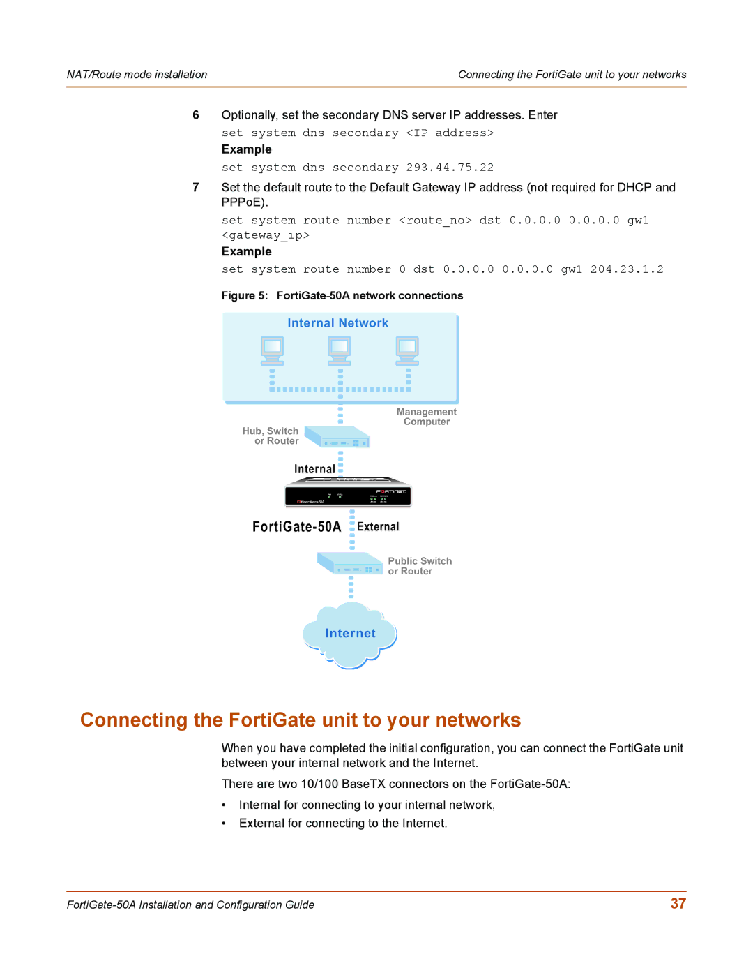 Fortinet user manual Connecting the FortiGate unit to your networks, FortiGate-50A External, Internal 