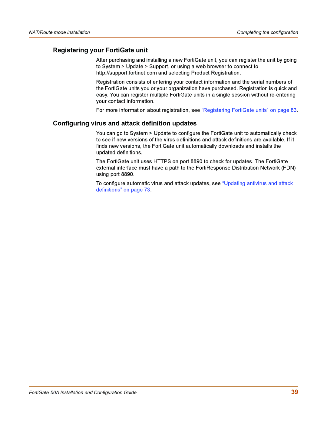 Fortinet 50A user manual Registering your FortiGate unit, Configuring virus and attack definition updates 