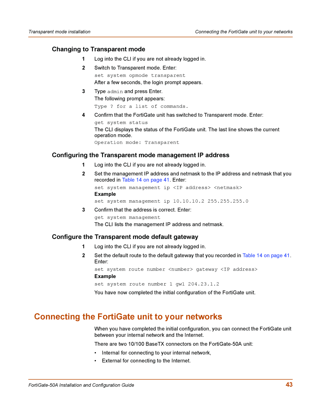 Fortinet 50A Configuring the Transparent mode management IP address, Configure the Transparent mode default gateway 