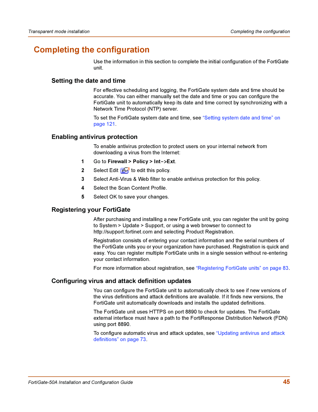 Fortinet 50A user manual Enabling antivirus protection, Registering your FortiGate, Go to Firewall Policy Int-Ext 