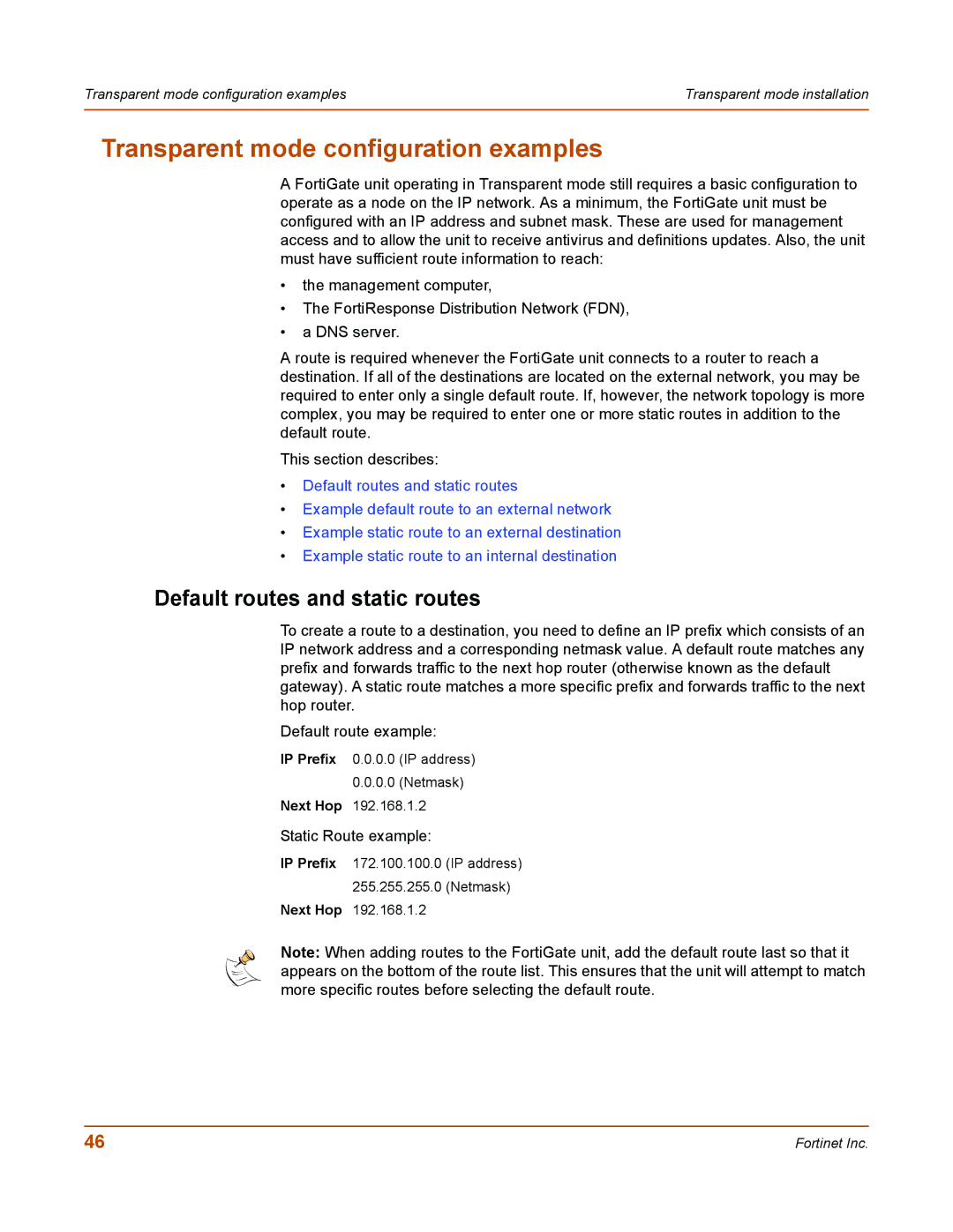 Fortinet 50A user manual Transparent mode configuration examples, Default routes and static routes 