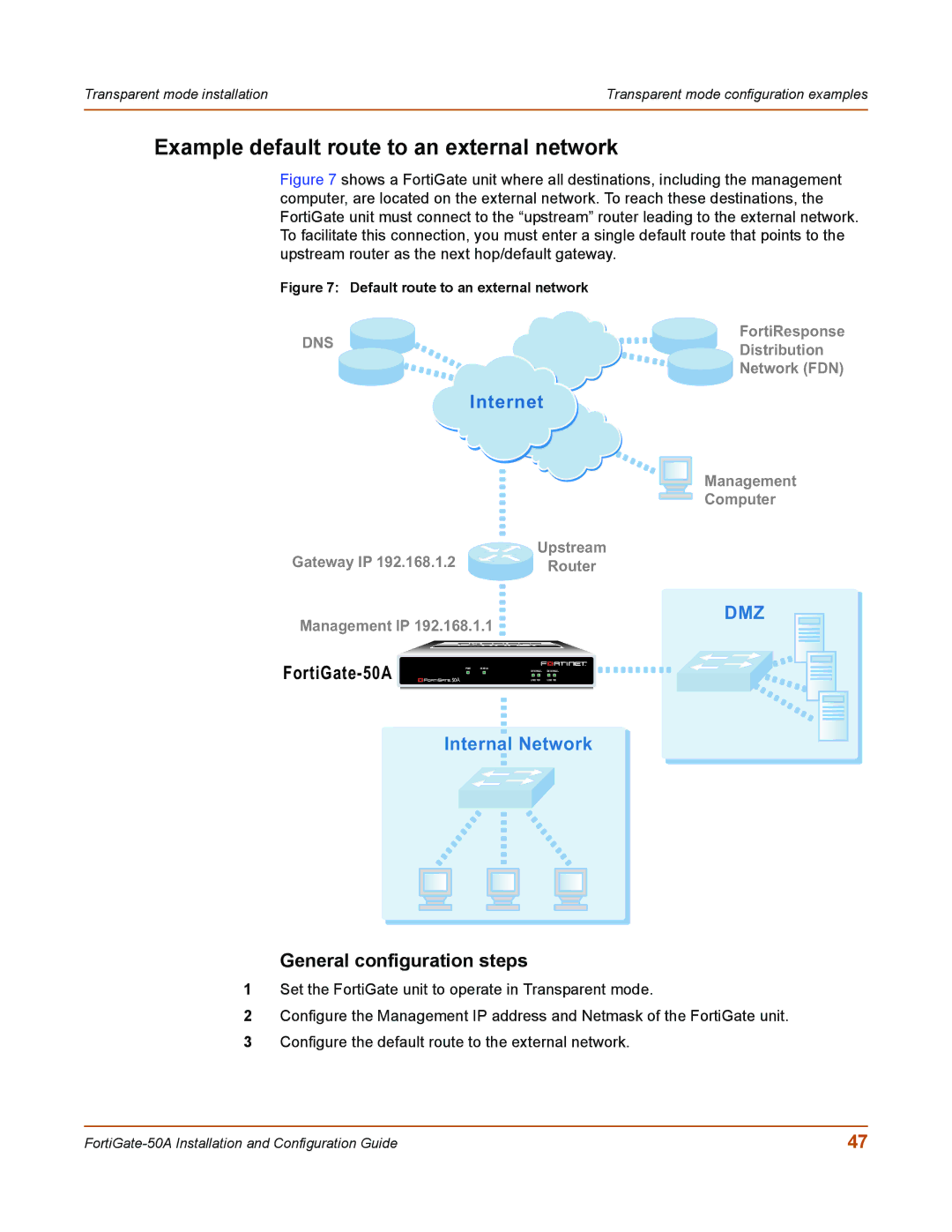 Fortinet 50A user manual General configuration steps, Default route to an external network 