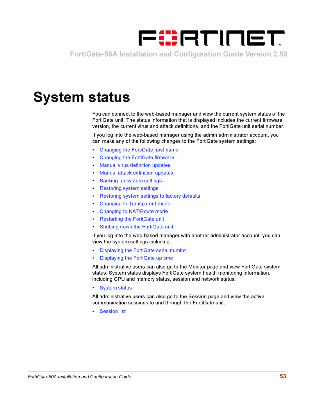 Fortinet 50A user manual System status 