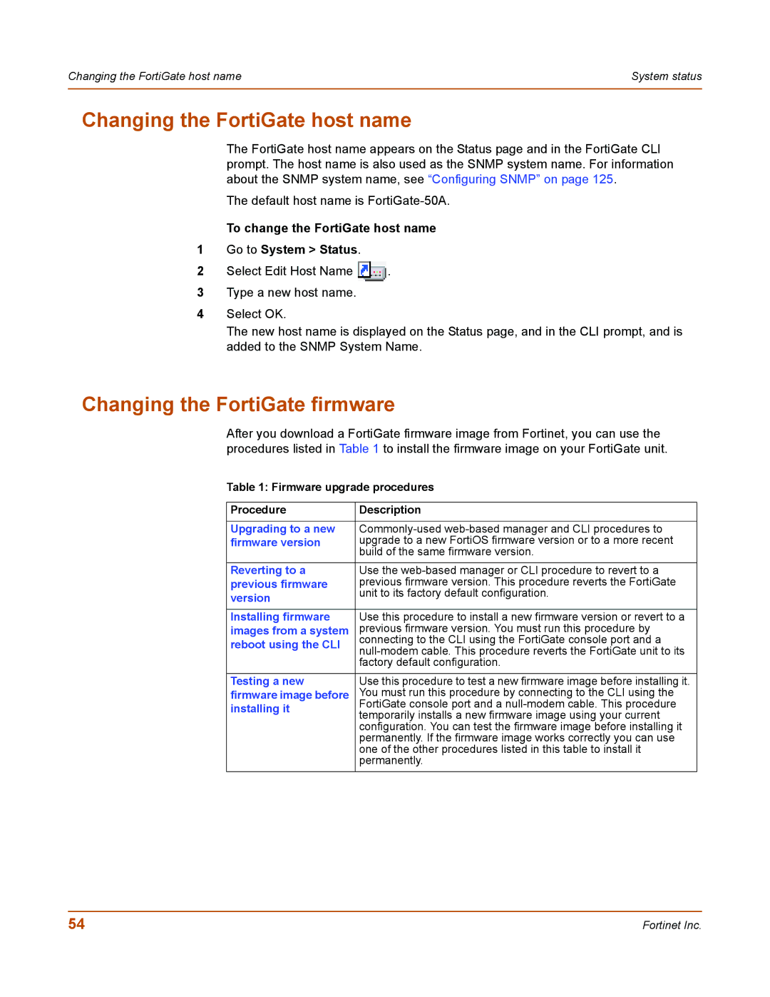 Fortinet 50A user manual Changing the FortiGate host name, Changing the FortiGate firmware 