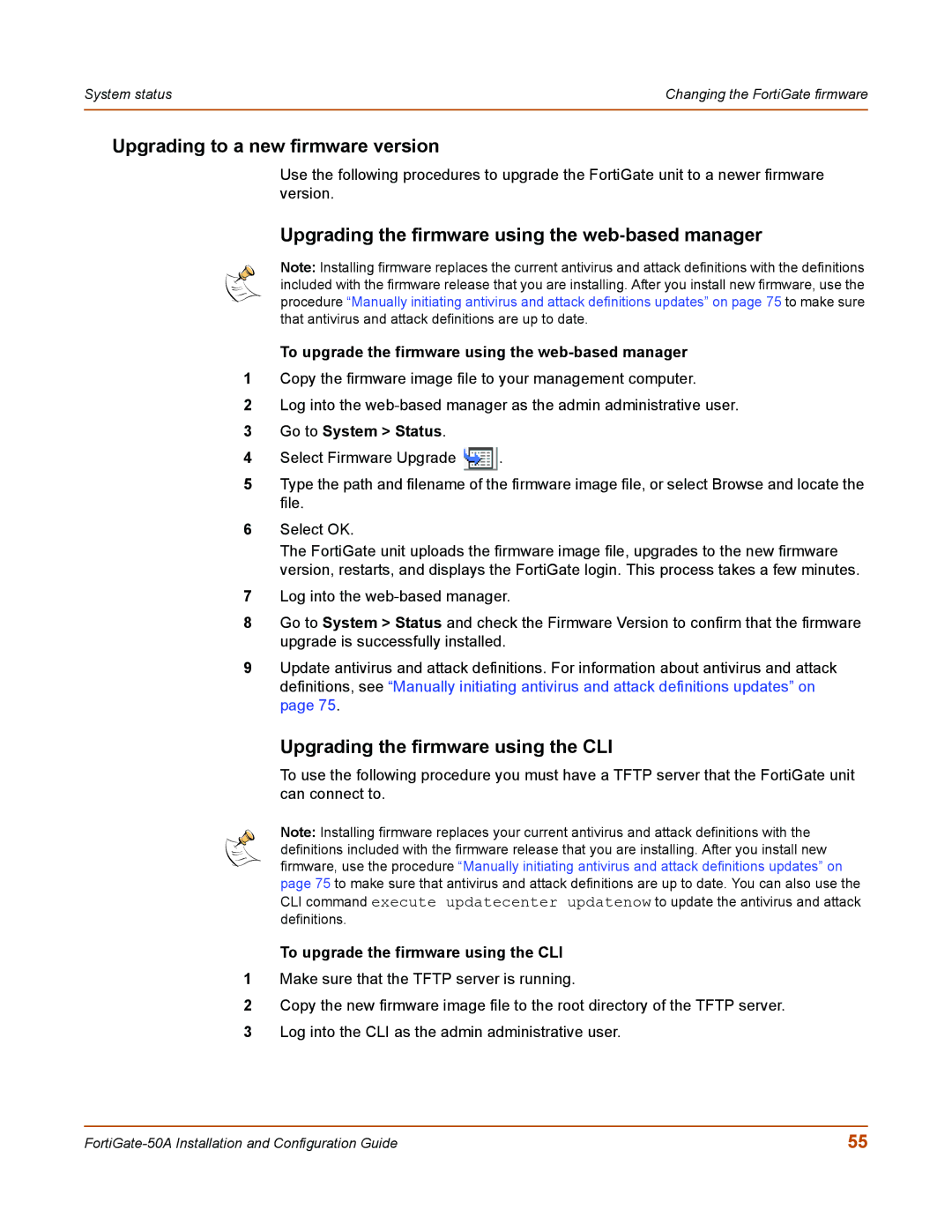 Fortinet 50A user manual Upgrading to a new firmware version, Upgrading the firmware using the web-based manager 