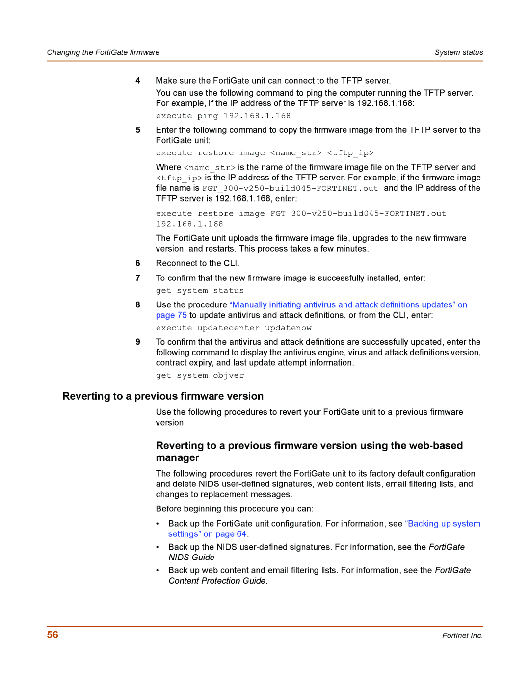 Fortinet 50A user manual Reverting to a previous firmware version, Execute ping 