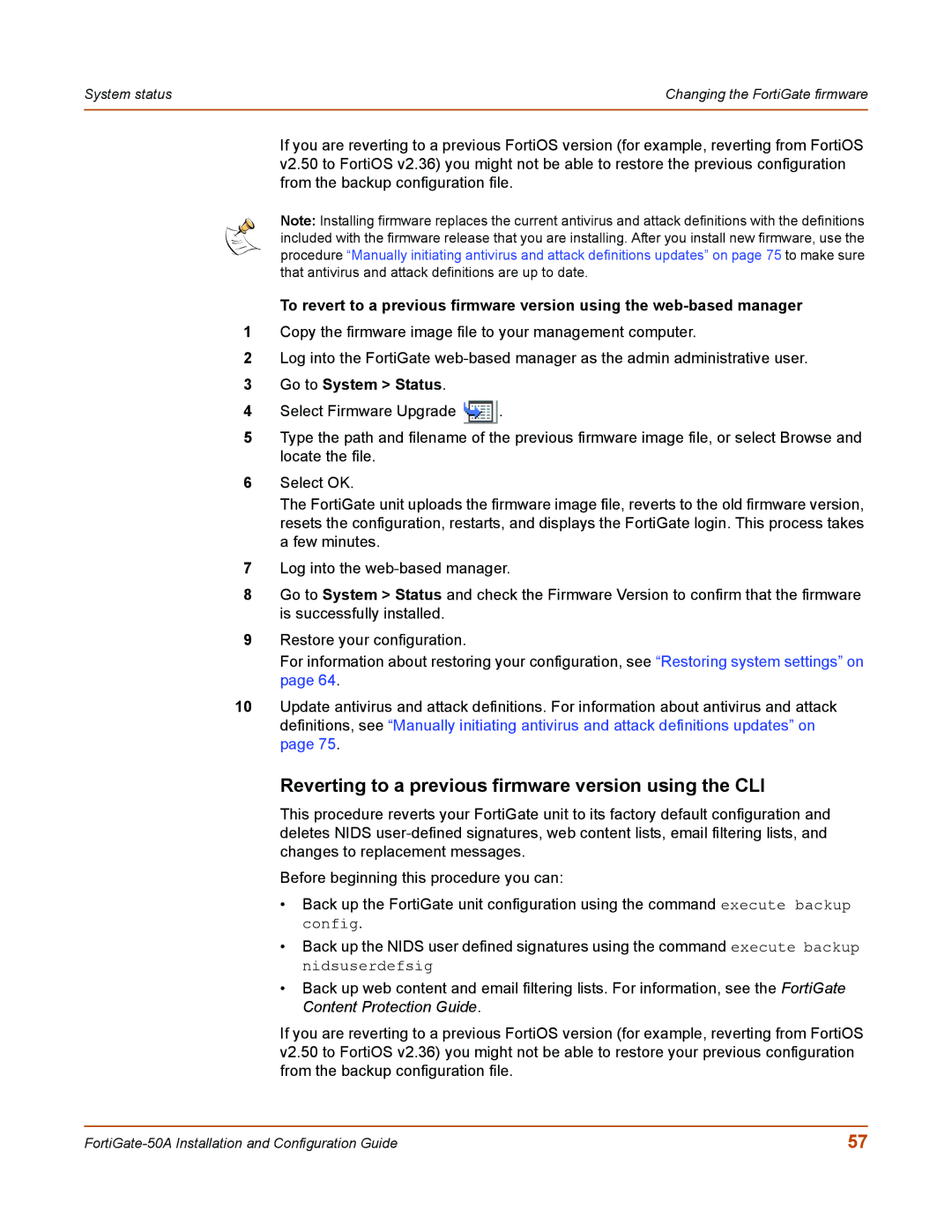 Fortinet 50A user manual Reverting to a previous firmware version using the CLI 