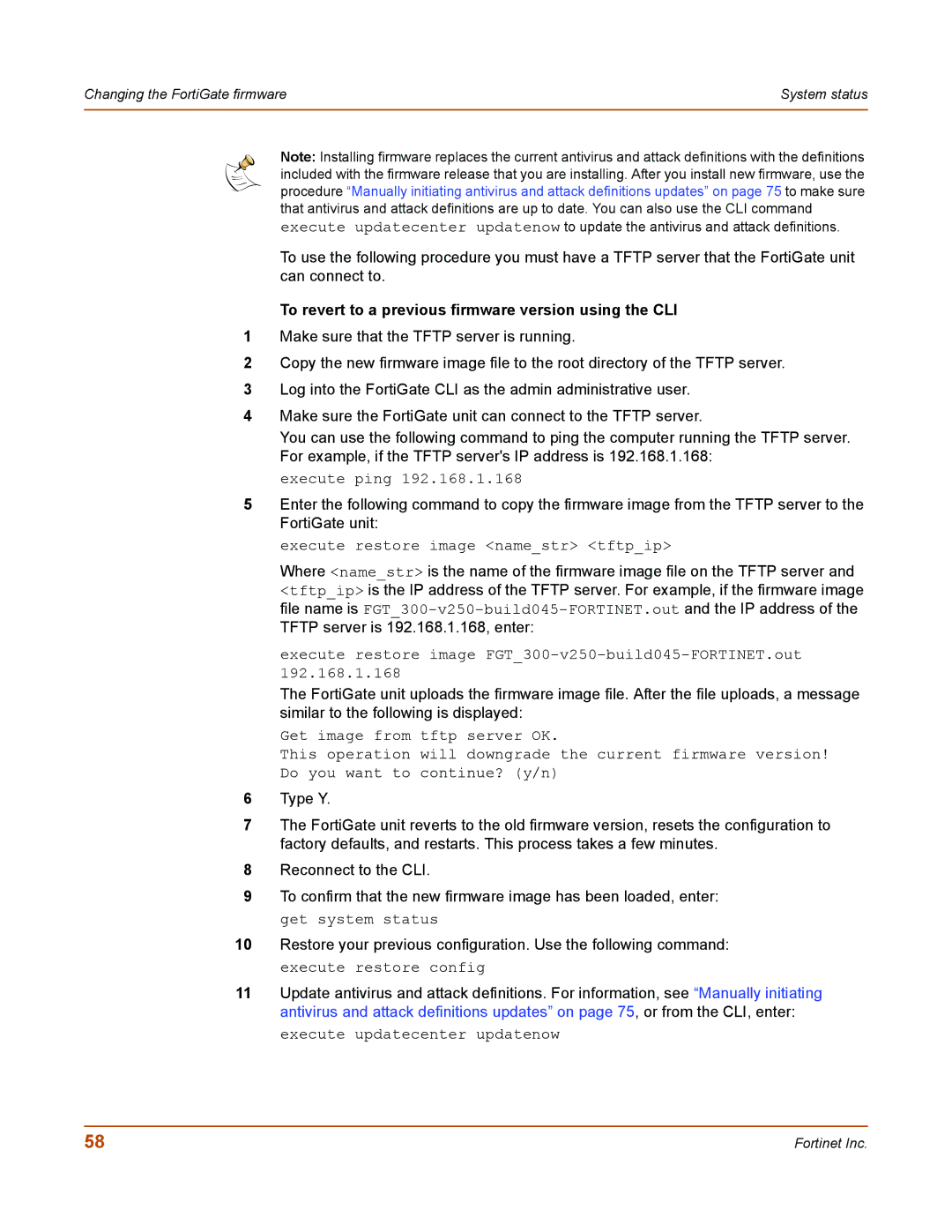 Fortinet 50A user manual To revert to a previous firmware version using the CLI 