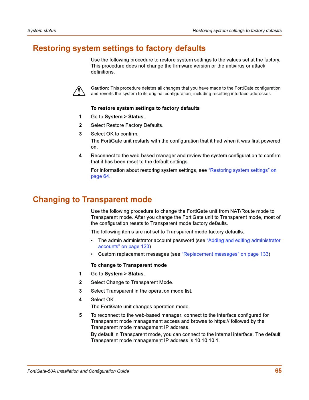 Fortinet 50A user manual Restoring system settings to factory defaults, Changing to Transparent mode 