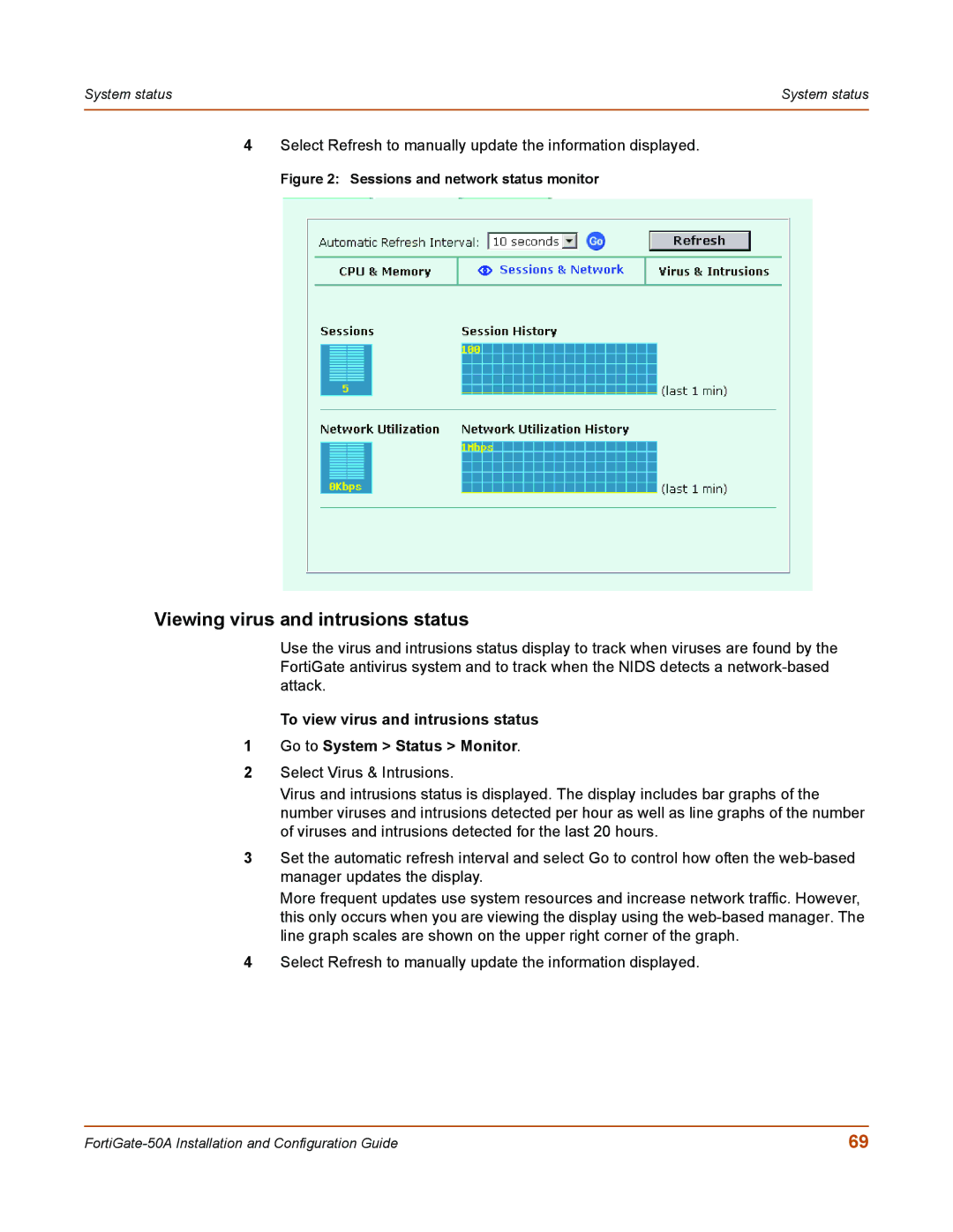 Fortinet 50A user manual Viewing virus and intrusions status, Sessions and network status monitor 