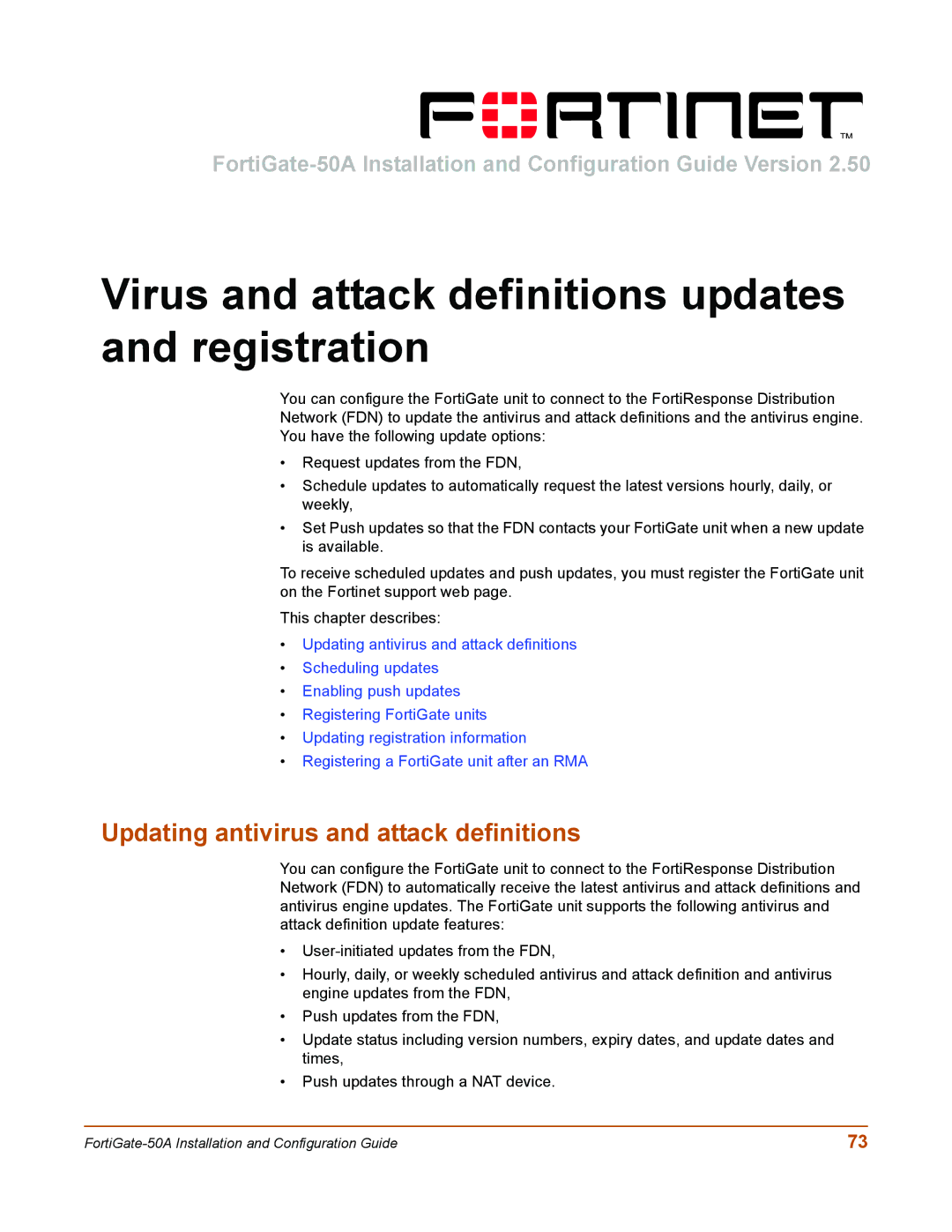 Fortinet 50A user manual Virus and attack definitions updates and registration, Updating antivirus and attack definitions 