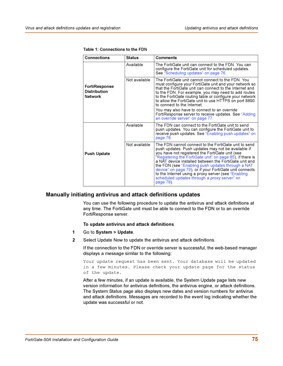 Fortinet 50A user manual Manually initiating antivirus and attack definitions updates 