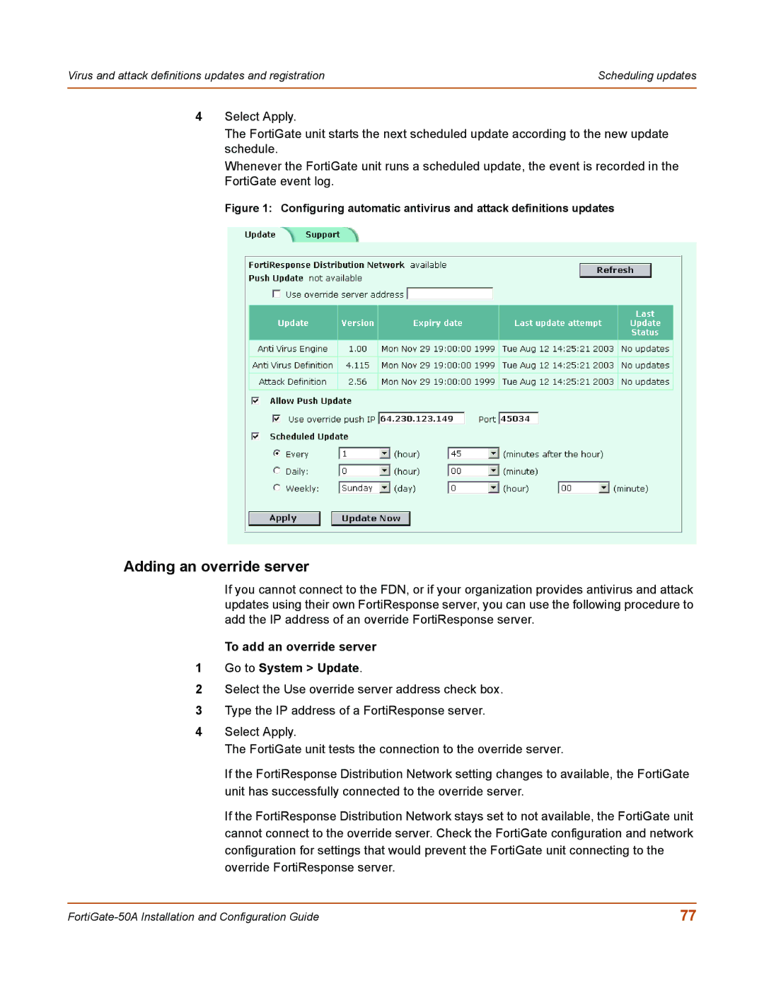 Fortinet 50A user manual Adding an override server, To add an override server Go to System Update 