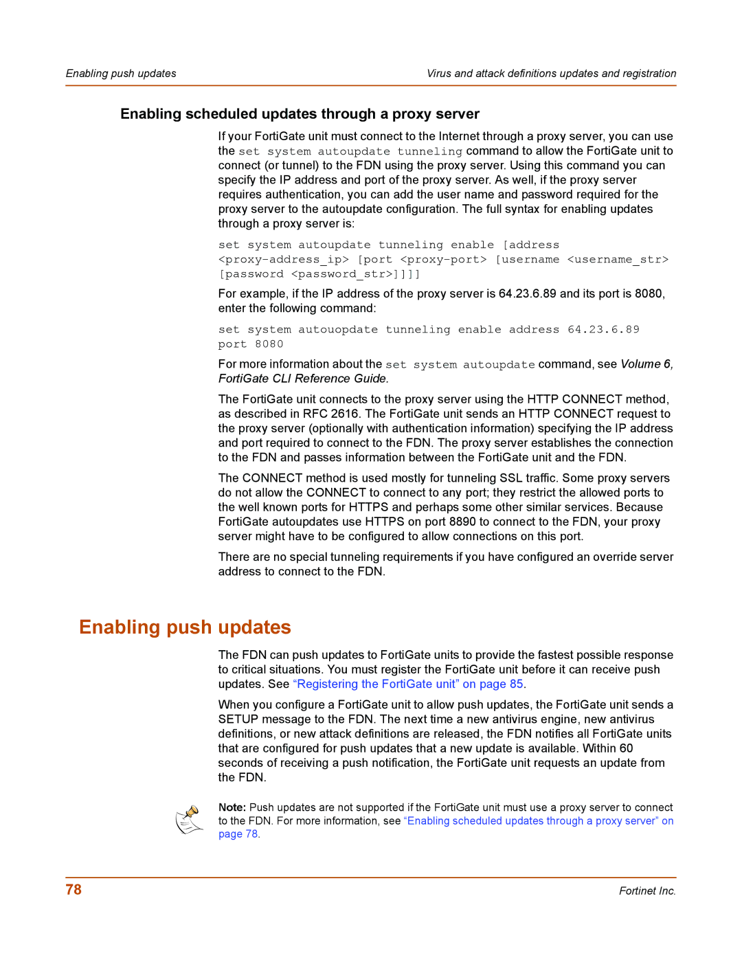 Fortinet 50A user manual Enabling push updates, Enabling scheduled updates through a proxy server 