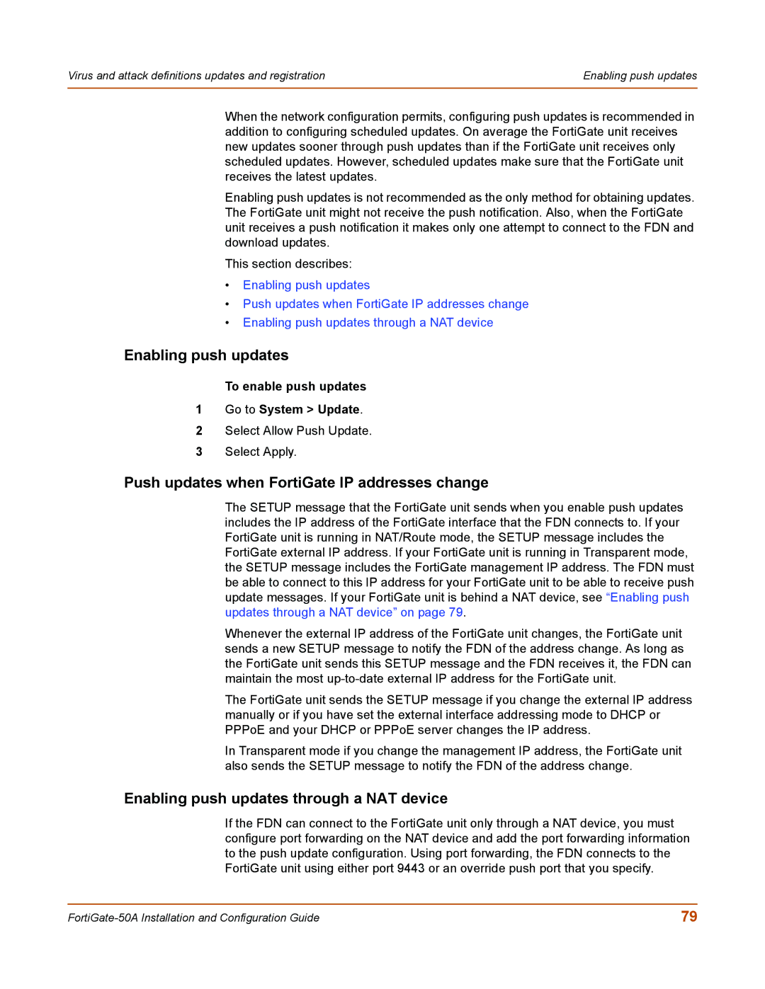 Fortinet 50A user manual Enabling push updates, Push updates when FortiGate IP addresses change 