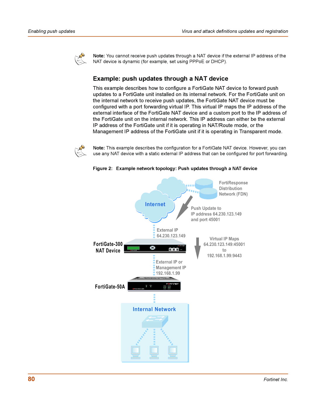 Fortinet 50A Example push updates through a NAT device, Example network topology Push updates through a NAT device 