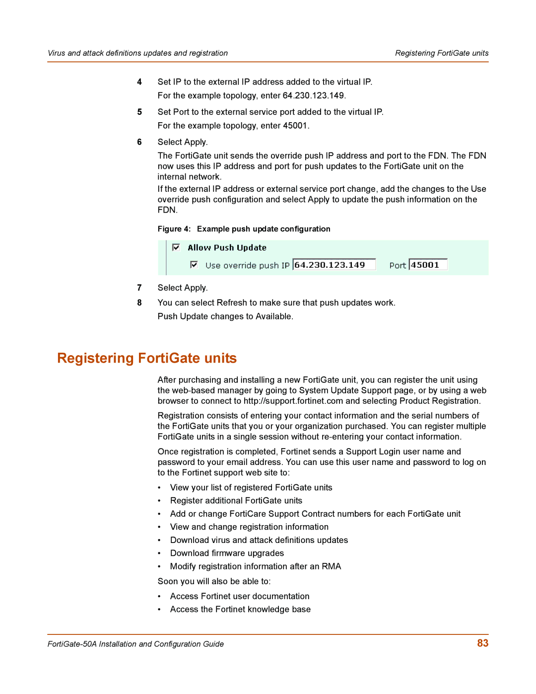 Fortinet 50A user manual Registering FortiGate units, Example push update configuration 