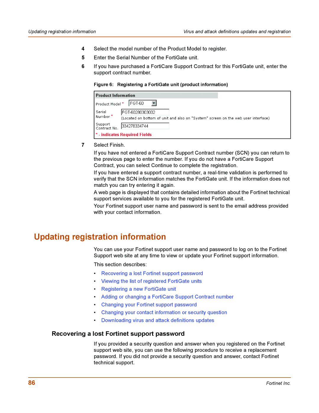 Fortinet 50A user manual Updating registration information, Recovering a lost Fortinet support password 