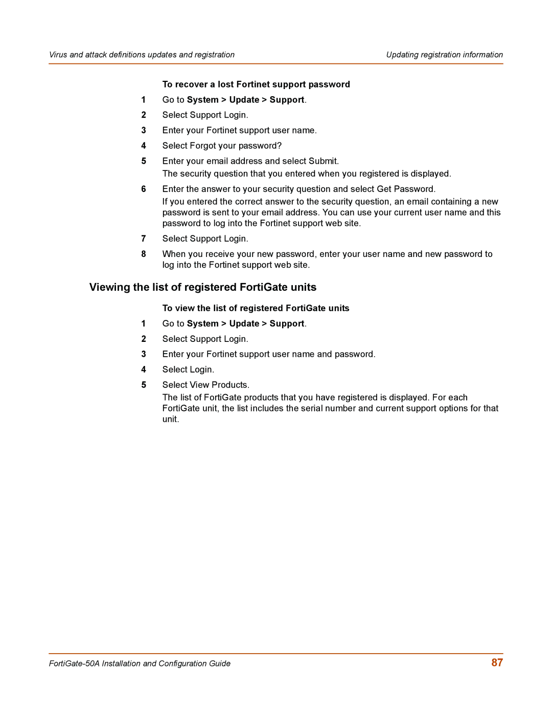 Fortinet 50A user manual Viewing the list of registered FortiGate units 