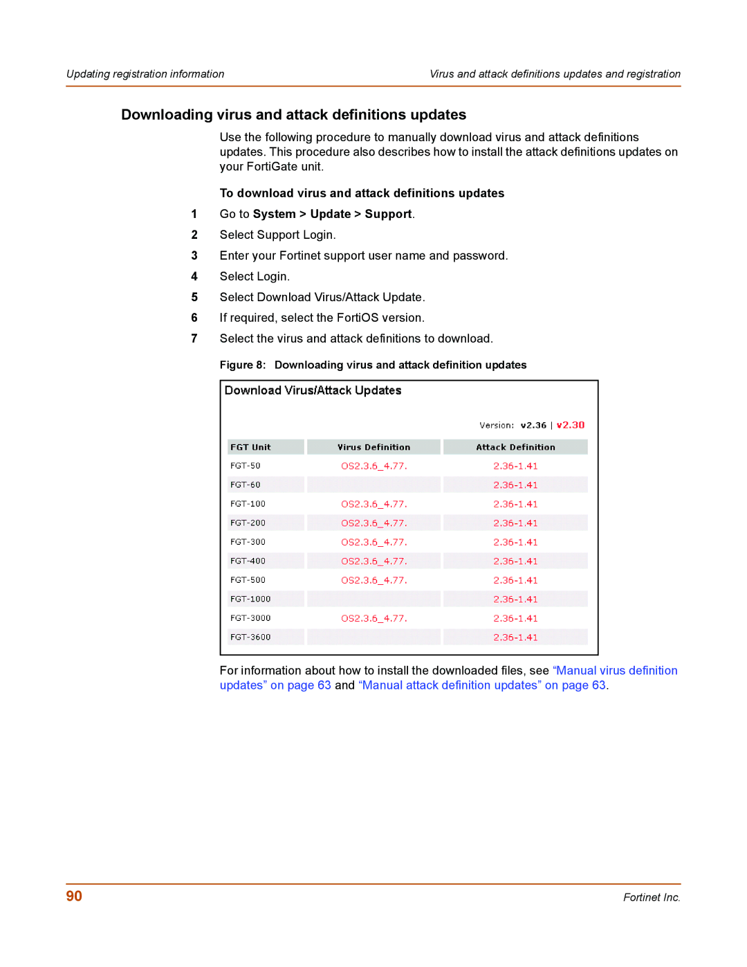 Fortinet 50A user manual Downloading virus and attack definitions updates, Downloading virus and attack definition updates 