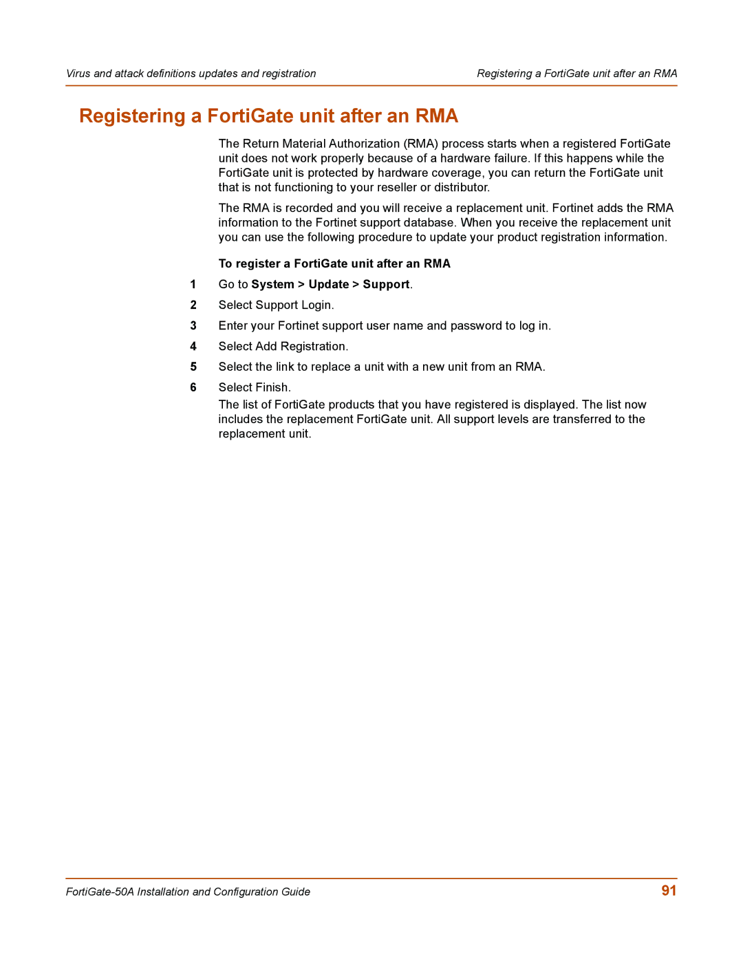 Fortinet 50A user manual Registering a FortiGate unit after an RMA 