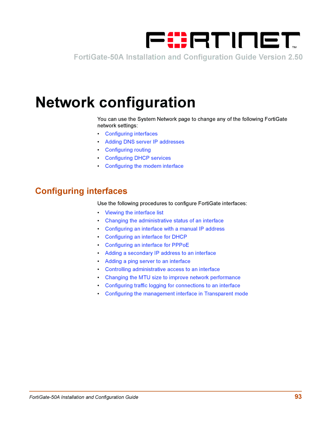 Fortinet 50A user manual Network configuration, Configuring interfaces 