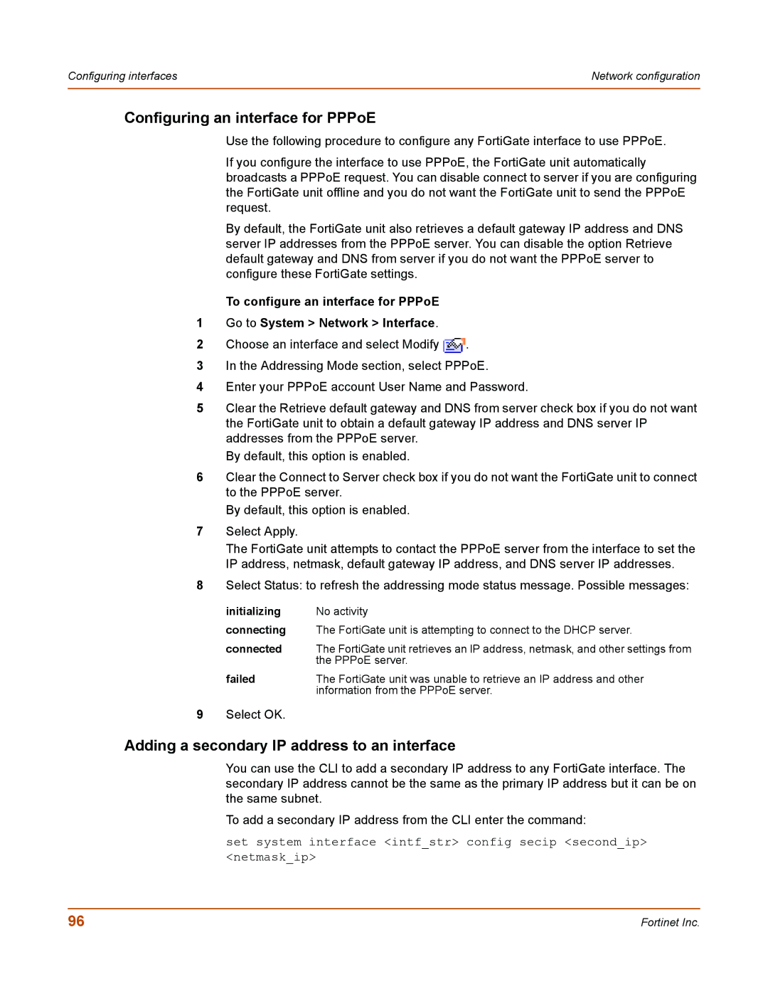 Fortinet 50A user manual Configuring an interface for PPPoE, Adding a secondary IP address to an interface 