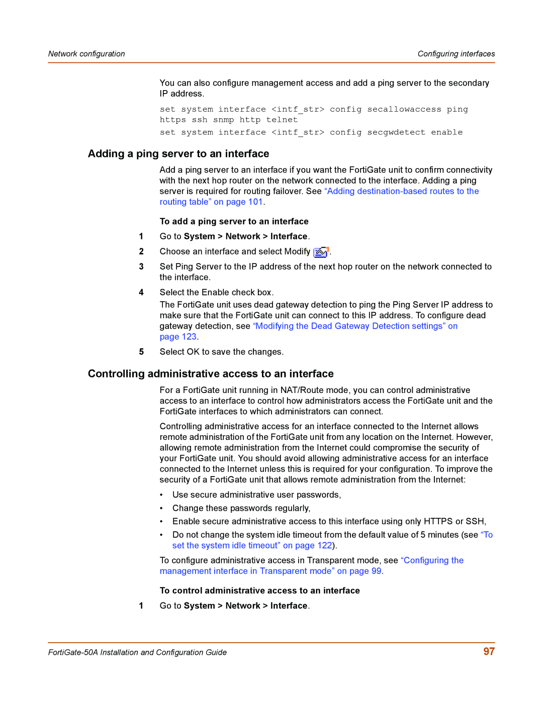 Fortinet 50A user manual Adding a ping server to an interface, Controlling administrative access to an interface 