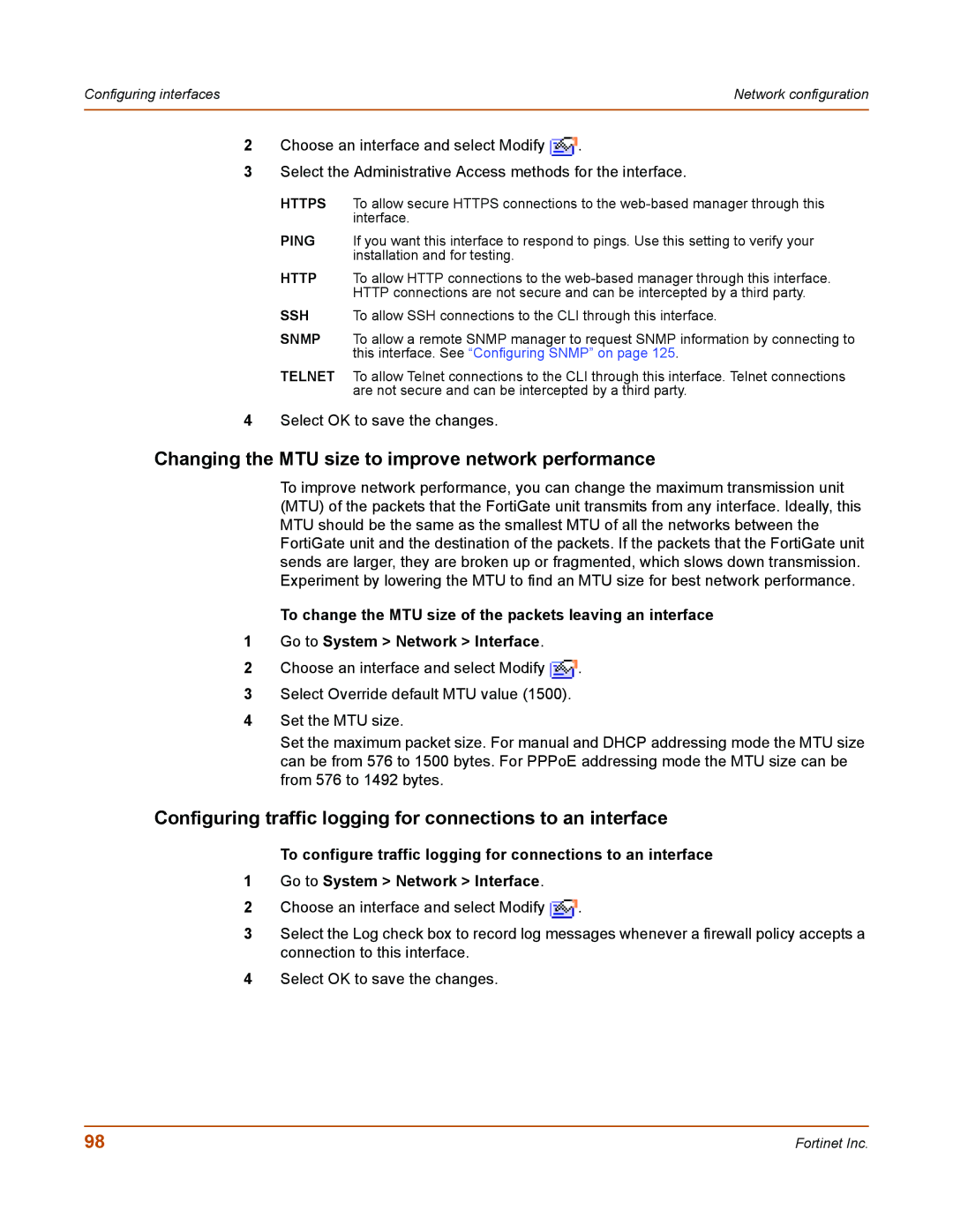 Fortinet 50A user manual Changing the MTU size to improve network performance 