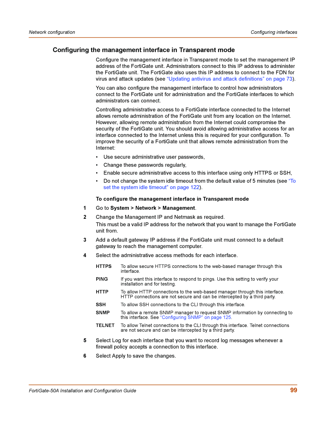 Fortinet 50A user manual Configuring the management interface in Transparent mode 