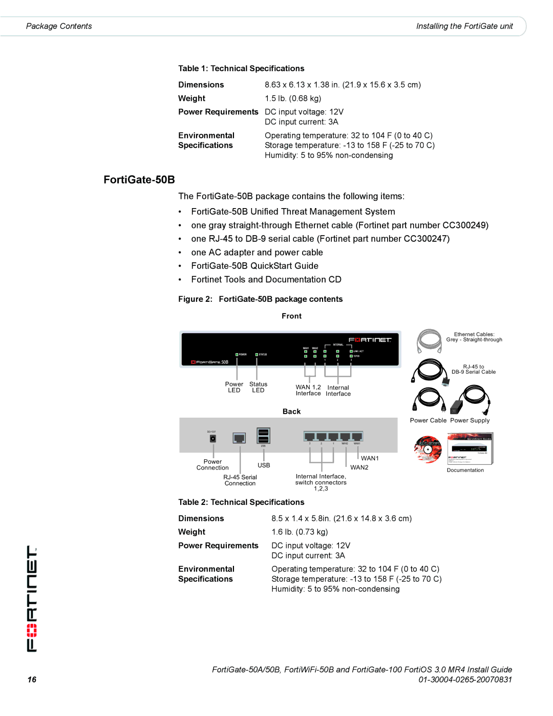 Fortinet 50A/50B, 100 manual Technical Specifications Dimensions, Weight, Power Requirements, Environmental 