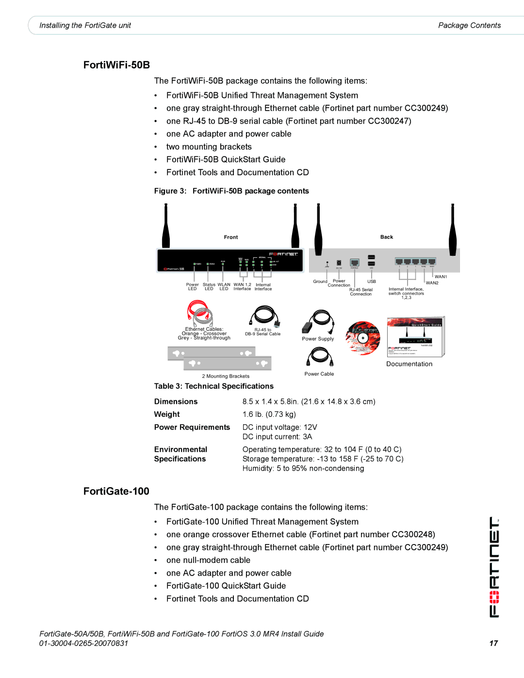 Fortinet 100, 50A/50B manual FortiWiFi-50B package contents 