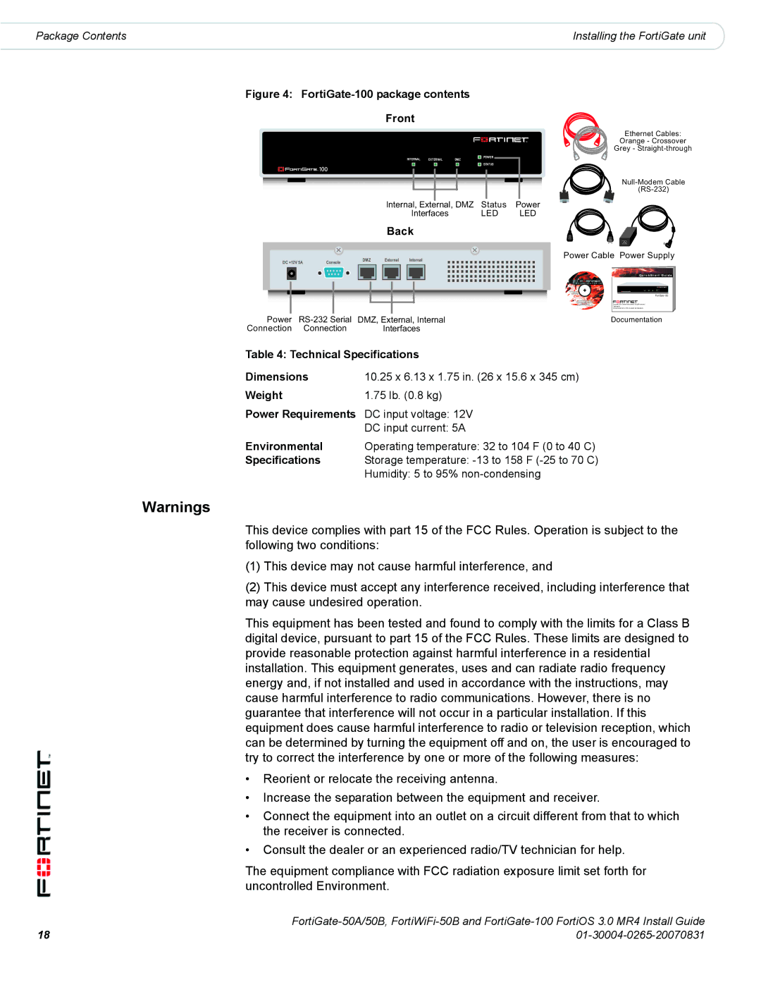 Fortinet 50A/50B manual FortiGate-100 package contents Front, Back 